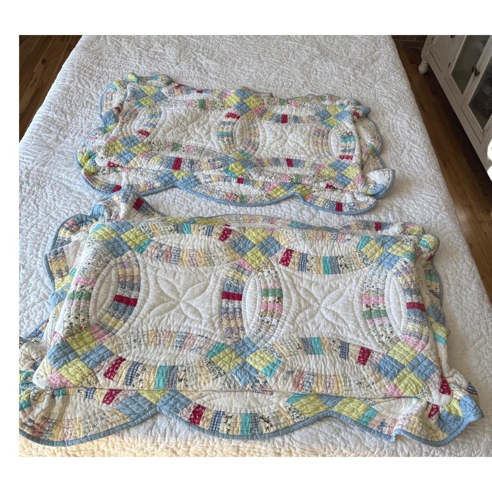 Pottery Barn Double Wedding Ring Patchwork Quilt and 2 shams Full 85" X 101" - Picture 13 of 16